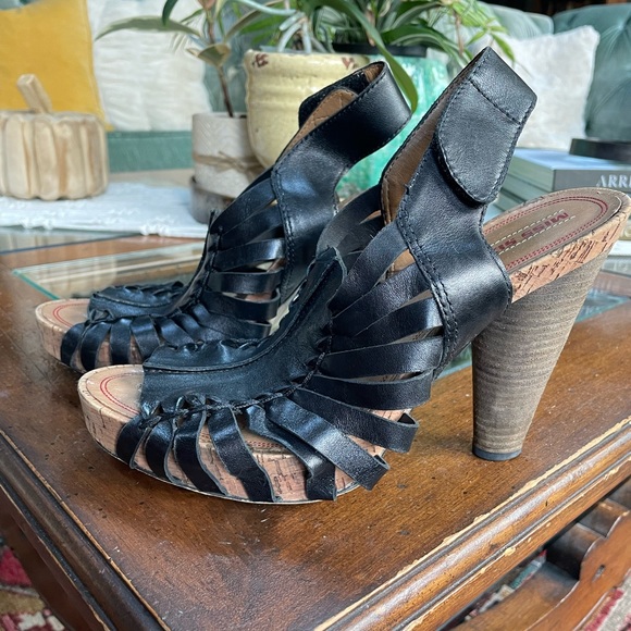 Miss Sixty black leather caged 4.5” cork cone-shaped heels, size 9, orig. $158- - Picture 3 of 6